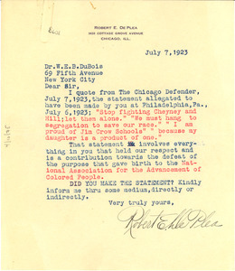 Letter from Robert E. De Plea to W. E. B. Du Bois