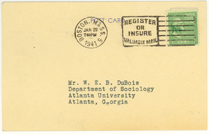 Postcard from American Unitarian Association to W. E. B. Du Bois