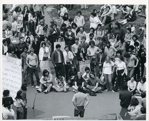 Board of Trustees fee increase demonstration: Economics professor Samuel Bowles speaking to protesters