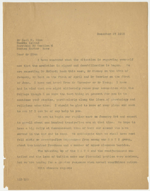 Letter from Laurence L. Doggett to Earl F. Zinn (December 17, 1918)