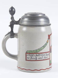 Stoneware stein with a Turner holding a pole signed by Franz Ringer