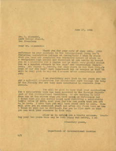 Letter to Tadakatsu Miyazaki from Springfield College, June 17, 1924