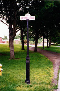 James Naismith Circle sign outside the Blake Arena and the Physical Education Complex, ca. 2000