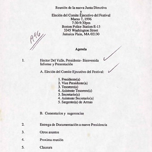 Agenda from Festival Puertorriqueño de Massachusetts, Inc. meeting of the new Board of Directors and the election of the Festival Executive Committee on March 7, 1996