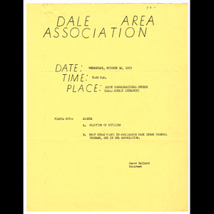 Flier for Dale Area Association meeting to be held October 16, 1963