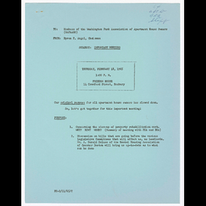 Letter from Byron Angel to Washington Park Association of Apartment House Owners (WAPAAHO) about meeting to be held February 18, 1965 at Freedom House