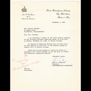 Letter from John P. McMorrow to Mrs. Muriel Snowden about attending Executive Committee meeting of the Citizens Advisory Committee on November 23, 1964 and letter from Rev. W. Seavey Joyce about first general meeting of the Citizens Advisory Committee November 23, 1964