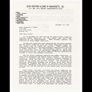 Letter from Robert L. Marshall to Mayor Raymond L. Flynn about Boston School Committee rejection of budget restrictions