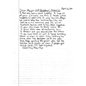 Letter to Boston from a student at Zenon Sykuta Elementary School (Country Club Hills, Illinois)