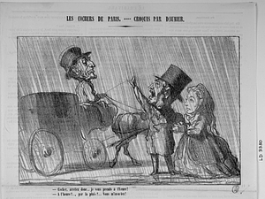 - Cocher, arrêtez donc... je vous prends à l'heure! - À l'heure?... par la pluie?... Vous m'insultez!