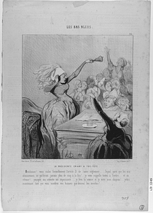 La PRÉSIDENTE CRIANT A TUE-TÊTE. - Mesdames! ... vous violez formellement l'article 3 de notre réglement... lequel porte que les académiciennes ne parleront jamais plus de cinq à la fois!... je vous rappelle toutes à l'ordre... et au silence!..... puisque ma sonnette est impuissante.... je lève la séance et je mets mon chapeau!... jettez maintenant tant que vous voudrez vos bonnets par dessus les moulins!..