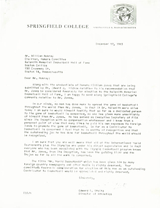 Letter regarding Renato William Jones's election to the Basketball Hall of Fame (December 17, 1963)