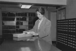 Mary Thomas W'1964 at the Card Catalog.