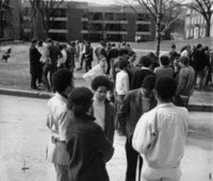 Students milling in the Science Quad during the Hopkins Occupation, 1969