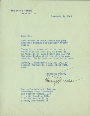 Letter from President Harry S. Truman to Melvin M. Johnson, 1945 November 1