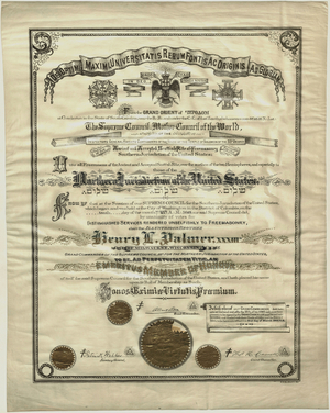 Honorary emeritus membership certificate issued to Sovereign Grand Commander Henry L. Palmer, 1889 March 1