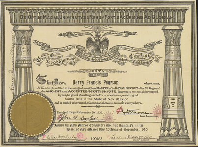 32° certificate issued to Harry Francis Pearson, 1920 November 20