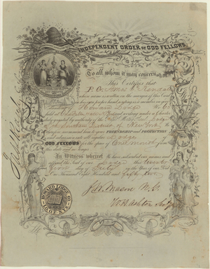 Traveling membership certificate issued by Howard Lodge, No. 60, to Amos E. Kendall, 1852 July 21