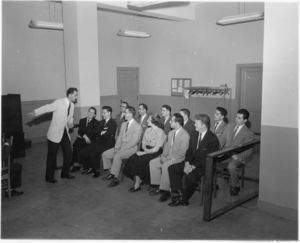 Mock trial at Suffolk University Law School's moot court, circa 1940s