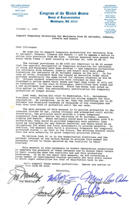 Letter from John Joseph Moakley to colleague regarding support for temporary protection for nationals from El Salvador, Lebanon, Liberia, and Kuwait, 1 October 1990