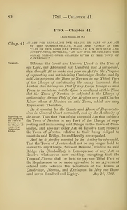 1780 Chap. 0041 An Act For Repealing One Clause Or Part Of An Act Of This Commonwealth, Made And Passed In The Year Of Our Lord One Thousand Six Hundred And Ninety-Nine, Intitled, "An Act For Re-Building The Great Bridge Over Charles River In The Town Of Cambridge."