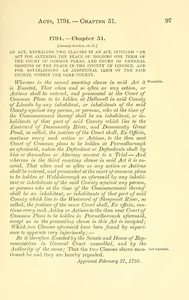1794 Chap. 0051 An Act, Repealing Two Clauses In An Act, In Titled "An Act For Altering The Place Of Holding One Term Of The Court Of Common Pleas, And Court Of General Sessions Of The Peace In The County Of Lincoln, And For Establishing An Additional Term Of The Said Courts, Within The Same County.