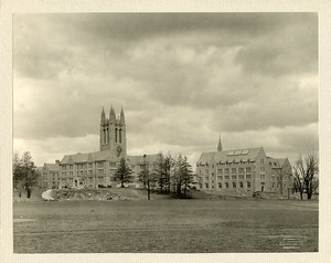 Gasson Hall and Devlin Hall from athletic fields by Clifton Church