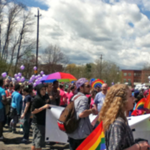Pride Parade marchers assembling in Armory St parking lot