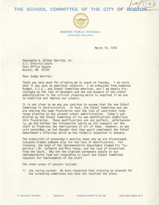 Letter from Kathleen Sullivan, Boston School Committee member, to Judge W. Arthur Garrity, 1976 March 19