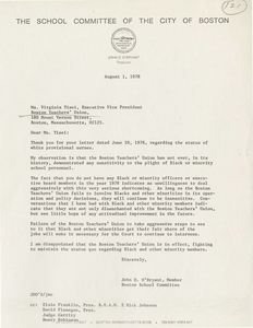 Correspondence between Virginia Tisei, Executive Vice President of the Boston Teachers' Union, and John D. O'Bryant, Boston School Committee member, 1978 August
