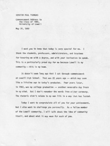 Senator Paul E. Tsongas' Commencement Address to the Class of 1980, University of Lowell