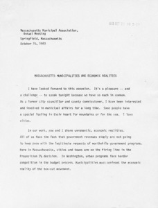Massachusetts Municipalities and Economic Realities: Address delivered to the Massachusetts Municipal Assoiciation, Annual Meeting, Springfield, Massachusetts