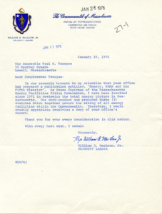 Letter to Paul E. Tsongas from William Q. McLean requesting a copy of the publication "Energy, ERDA and the Fifth District"