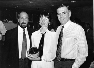 Unidentified man, Boston Marathon winner Lorraine Moller, Mayor Raymond L. Flynn