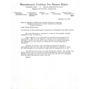 Memo, proposal to the Massachusetts Foundation for Humanities and Public Policy.