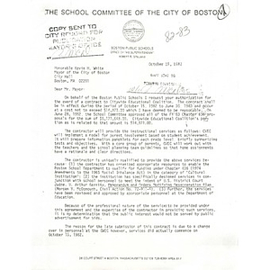 Letter, Mayor Kevin White, October 15, 1982.