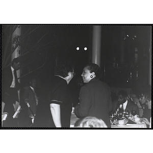Frances K. Moseley, President and CEO of the Boys and Girls Clubs of Boston, at right, talks to an unidentified woman at the Boys and Girls Clubs of Boston 100th Anniversary Celebration Dinner Dance and Auction at International Place, Boston