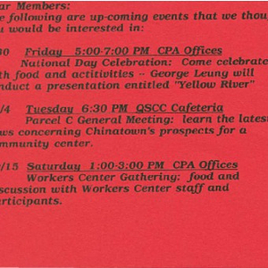 Postcard with upcoming meetings and events sponsored by the Chinese Progressive Association