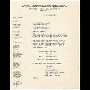 Letter from Rheable Edwards of Action for Boston Community Development to Otto Phillip Snowden and letter from Noel Day of St. Mark Social Center concerning Head Start