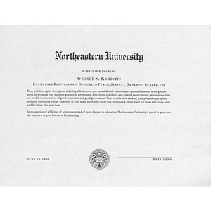 Doctor of Engineering honorary degree certificate for alumnus and Northeastern Board of Trustees member, George S. Kariotis