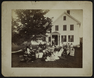 Exterior view of a group of men and women outside a home, Portsmouth, N.H., undated