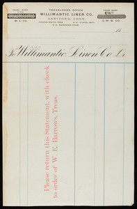 Billhead for the Treasurer's Office, Willimantic Linen Co., Dr., Hartford, Connecticut, 1800s
