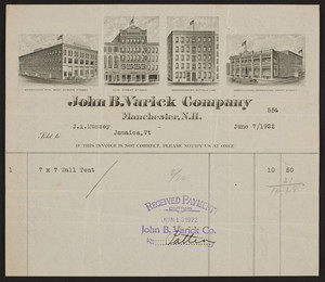 Billhead for John B. Varick Company, tents, Manchester, New Hampshire, dated June 7, 1922