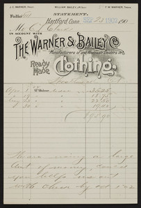 Billhead for The Warner & Bailey Co., ready made clothing, Hartford, Connecticut., dated September 23, 1902
