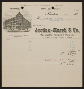 Billhead for Jordan Marsh & Co., department store, Washington, Summer & Avon Streets, Boston, Mass., dated October, 1894
