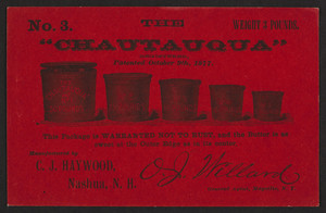 Trade card for Chautauqua No. 3, butter containers, C.J. Haywood, Nashua, New Hampshire, undated