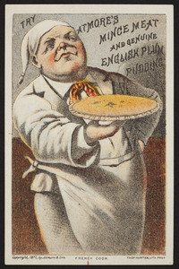 Trade card for Atmore's mince meat and genuine English Plum Pudding, Atmore & Son, location unknown, 1877