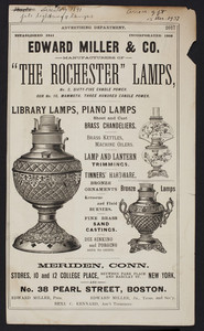 Advertisement for Edward Miller & Co., manufacturers of The Rochester Lamps, Meriden, Connecticut, 1891