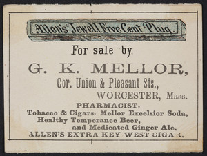 Trade card for Allen's Jewell Five Cent Plug, G.K. Mellor, corner Union & Pleasant Streets, Worcester, Mass., undated