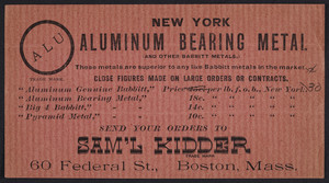 Trade card for New York Aluminum Bearing Metal, Sam'l Kidder, 60 Federal Street, Boston, Mass., undated